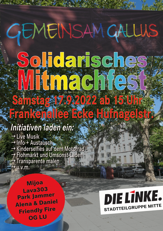 Plakat zum Stadtteilfest 17.9.2022 Frankenallee Ecke Hufnagelstr. im Frankfurter Gallus 